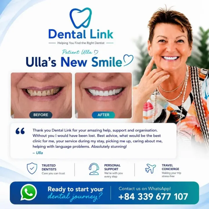 Dental Link card: patient Ulla, with before and after photographs of her teeth and her thank you message